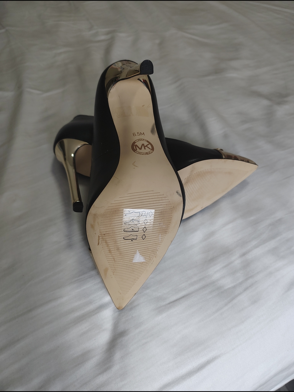 Michael Kors Black Leather Pointed Toe Pumps with Gold Caps - Picture 9 of 15